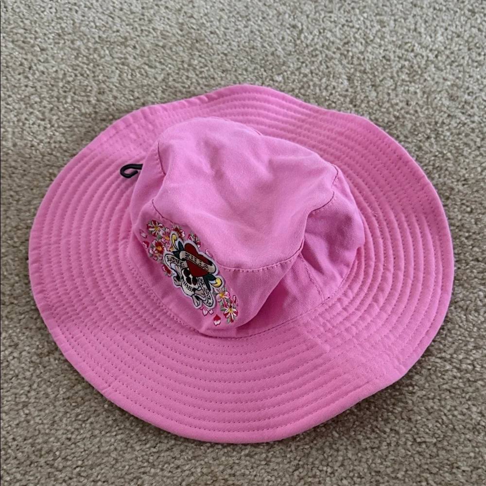 Ed Hardy Pink Bucket Hat with Embroidered Skull & Heart Patch- NWT